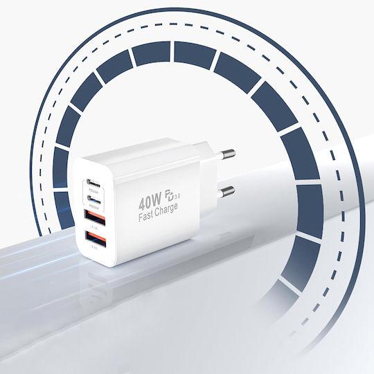 Techsuit Charger Without Cable with 2 USB-A Ports and 2 USB-C Ports 40W Power Delivery Whites (CH4)