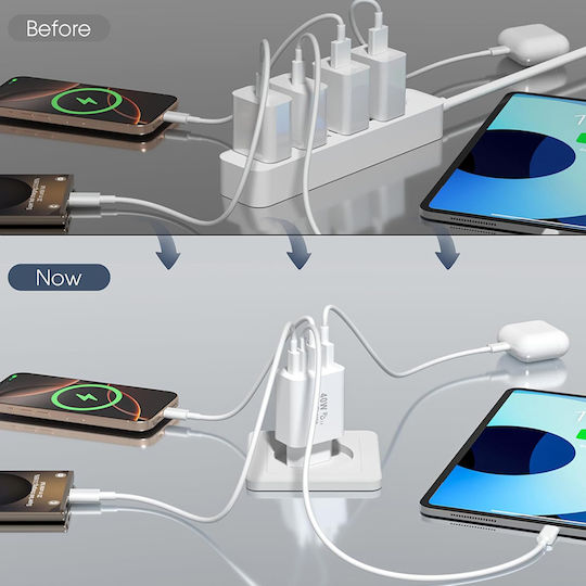 Techsuit Charger Without Cable with 2 USB-A Ports and 2 USB-C Ports 40W Power Delivery Whites (CH4)
