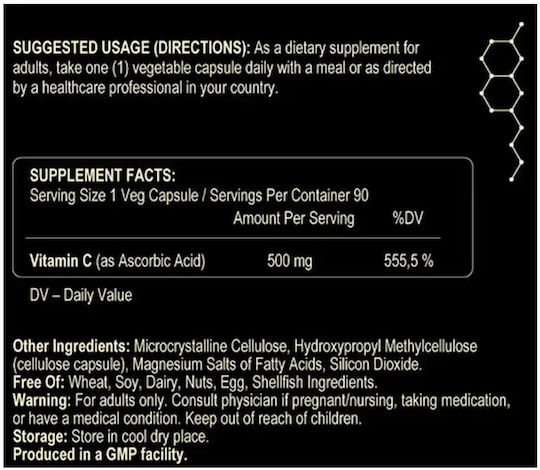 Fuel Up Vitamin C Vitamin for Immune System Boost, the Skin & Antioxidant Action 500mg 90 veg. caps