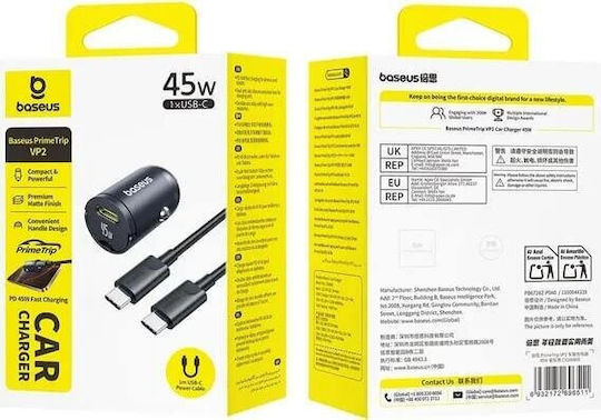 Primetrip Vp2 Auto-Ladegerät 45W mit einem Anschluss: 1xType-C mit Kabel Typ-C,TC-TC Schwarz Farbe