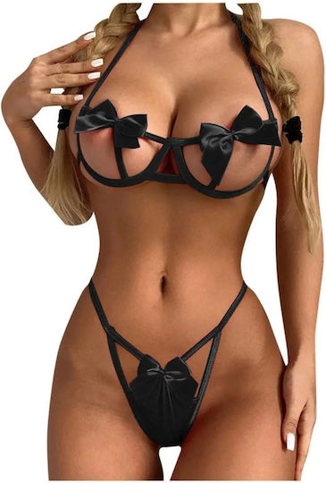 Set De Lenjerie Sexy Decupată Cu Fundă Neagră