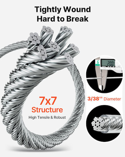 Vevor Wire Rope Set 2 Mm Thickness 35.1 M Length Stainless Steel 304 Cable 2 Kn Breaking Strength 7 X 7 Strand Construction Steel Cable Railing System Garden Lights