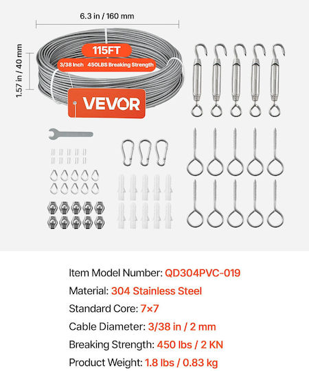 Vevor Wire Rope Set 2 Mm Thickness 35.1 M Length Stainless Steel 304 Cable 2 Kn Breaking Strength 7 X 7 Strand Construction Steel Cable Railing System Garden Lights