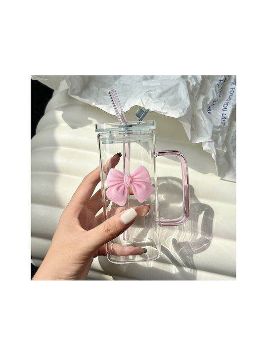 ecarla Glas aus Glas in Rosa Farbe mit Strohhalm 400ml