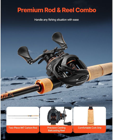 Vevor Fishing Rod Reel Combo Baitcasting Im7 Carbon Fiber Sea Bass Fishing Rod Bb System 7+1 Gear Ratio 7.0:1 Cork Handle Stainless Steel Guides Ceramic Rings
