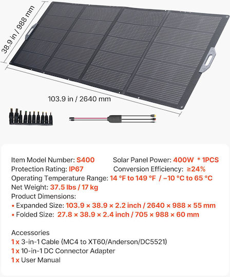 Vevor Panou Solar Portabil Pliabil 400W Eficiență Ridicată 24% Ip67 Mc4 & 10--1 Adaptor Dc Pentru Stații de Energie Bxzdtynb1400dwub1001v2