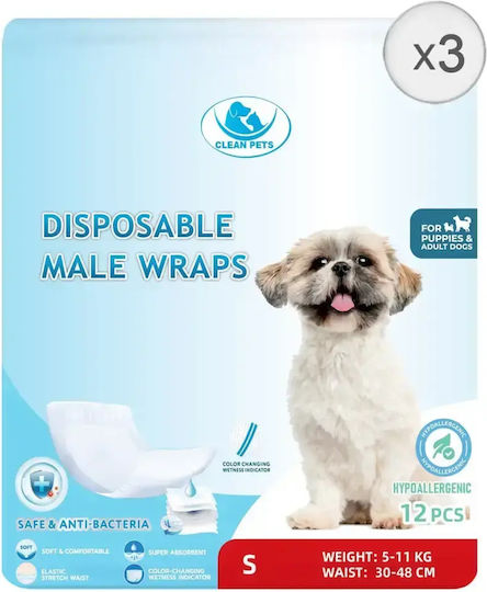 3 X 12 Bucăți Clean Pets Scutece Pentru Câini Masculi Mărime Mică S 30-48 Cm