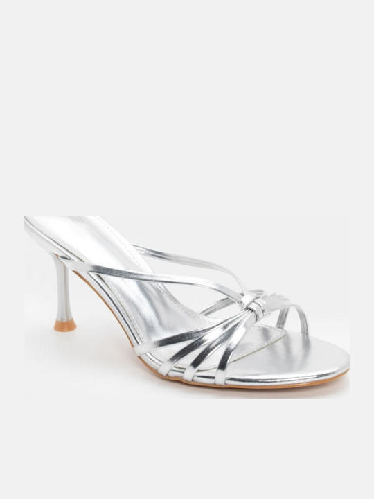 Women's Mules with Thin High Heel in Silver Color
