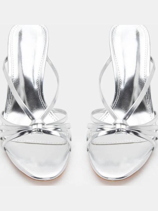 Women's Mules with Thin High Heel in Silver Color