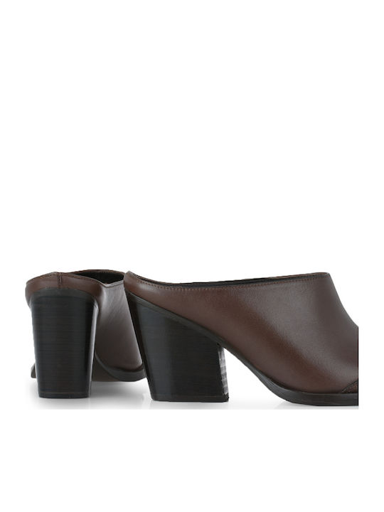Leather Mules with High Heel in Brown Color