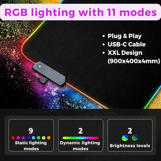 Luvlu Mousepad Gaming Profesional XXL cu Iluminare RGB, 14 Moduri de Lumină LED, Suprafață Moale și Rezistentă la Stropire, Bază din Cauciuc Antiderapantă, Margini Cusute, Cablu USB Inclus, 900x400x4mm, Design Hartă a Lumii