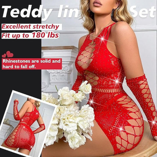 Smd Intime Serie Scarlett Crush Glitzerndes Netz Riemchen Body Sexy Figurnahes Netz Kleid One Size Rote