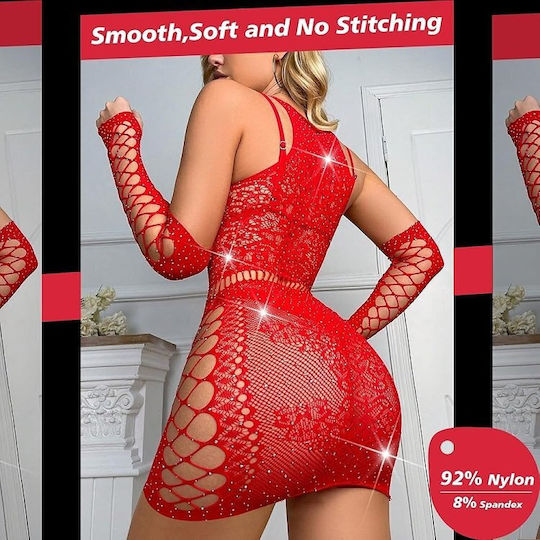 Smd Intime Serie Scarlett Crush Glitzerndes Netz Riemchen Body Sexy Figurnahes Netz Kleid One Size Rote