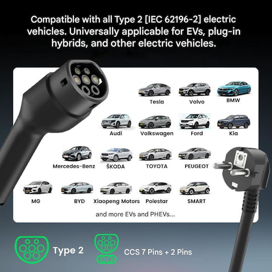 Portable Electric Car Charger 3.6kW with Built-in Cable 15m Type 2