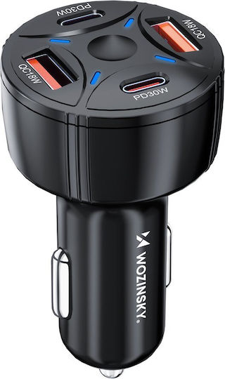Wozinsky Φορτιστής Αυτοκινήτου 60W 2.5A με Θύρες: 2xUSB 2xType-C Μαύρο Χρώμα