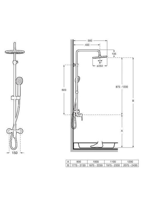 Roca Adjustable Shower Column with Bathtub Mixer Silver Roca Adjustable Shower Column with Bathtub Mixer Silver