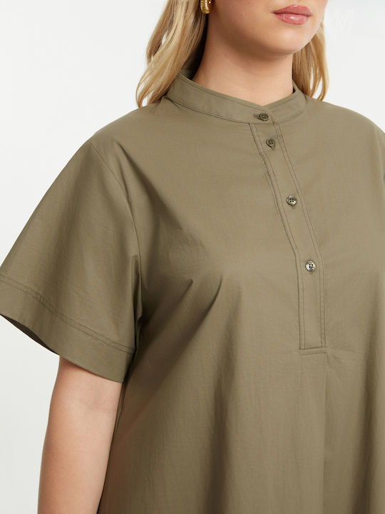 Rochii De Vară Pentru Femei Midi Rochie-Cămașă Mâneca Scurtă Kaki