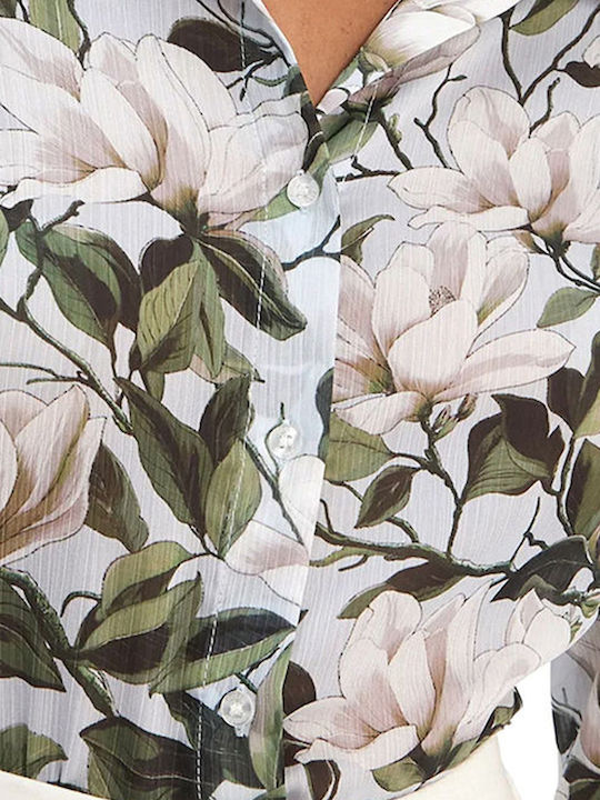 Langärmelig Damen Hemd Olive Blumen