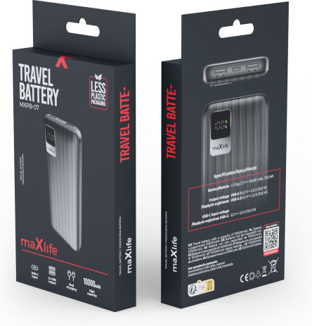 Maxlife MXPB-07 Power Bank 10000mAh with 2 USB-A Ports and USB-C Port Black