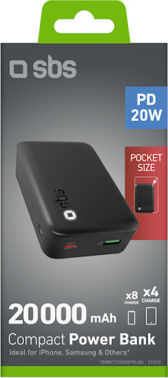 SBS Power Bank 20000mAh 20W με Θύρα USB-A και Θύρα USB-C Power Delivery Μαύρο