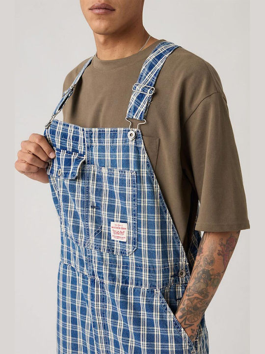 Men's Denim Dungarees with Loose Straight Fit Check Blue