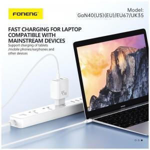 Foneng Φορτιστής GaN με Θύρα USB-A και Θύρα USB-C και Καλώδιο USB-C - USB-C 45W Power Delivery Λευκός (EU67)