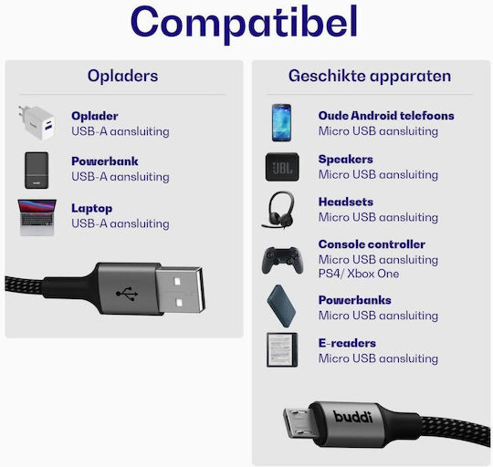 Buddi Flex Regular USB 2.0 spre micro USB Cablu Negru 0.3m 1buc