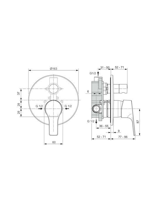 Ideal Standard Σετ Μίκτης & Παροχή Εντοιχισμού για Ντουζιέρα Ασημί