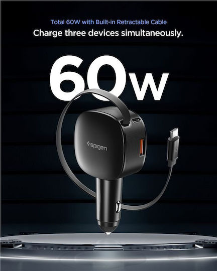 Spigen Essential Ev603bt Auto-Ladegerät 60W Schnellladung mit Anschlüssen: 1xUSB 2xType-C mit Kabel Typ-C,TC-TC Schwarz Farbe
