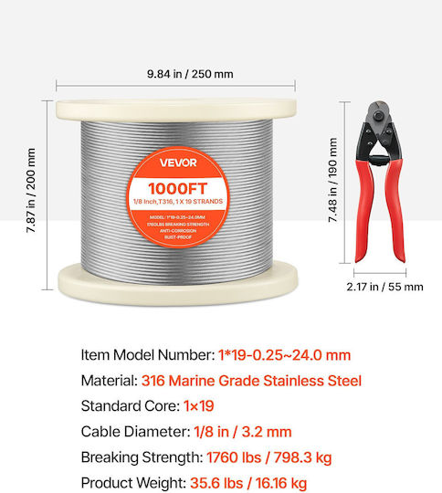 Vevor Wire Rope Stainless Steel 19mm 316BXGGSS300M0001003V0