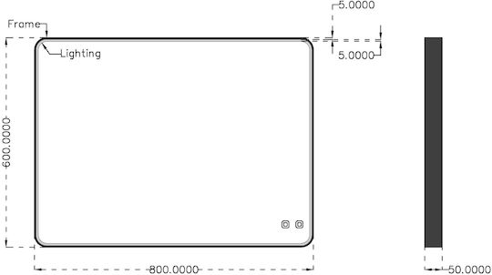Bronze Art 60P8-80-604F Oglindă Rectangulară cu Lumini LED cu Atingere 80x60cm Neagră