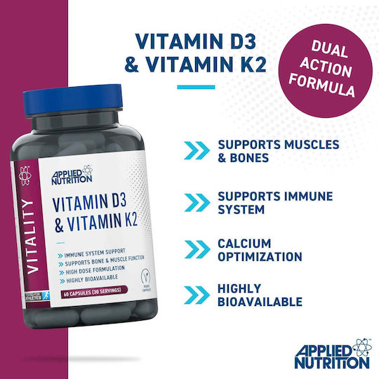 Applied Nutrition Vitamin D3 & Vitamin K2 Βιταμίνη για Ενίσχυση του Ανοσοποιητικού & την Υγεία των Οστών 60 κάψουλες