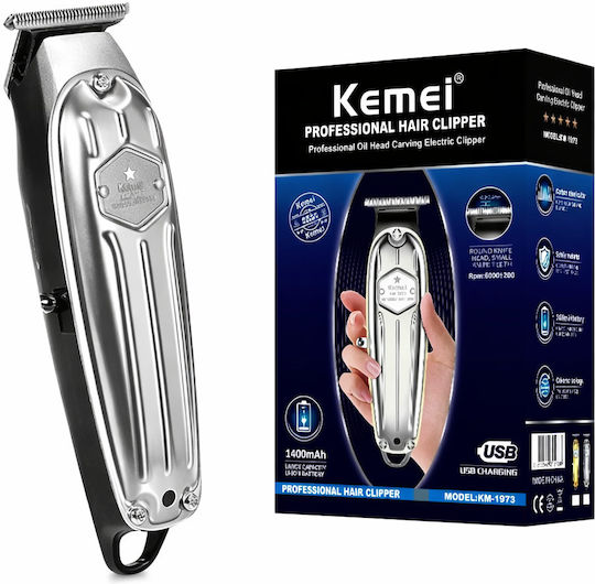 Kemei KM-1973 Επαναφορτιζόμενη Κουρευτική Μηχανή Ασημί KM-1973
