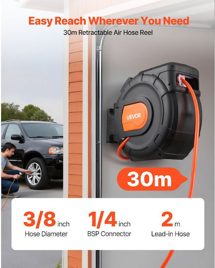 Retractable Air Hose Reel Vevor PVC Air Hose 30m x 9.5mm Maximum 300psi Closed Air Compressor Hose Reel Automatic Rewind 2m Inlet 180° Swivel Wall Mount Garage Workshops