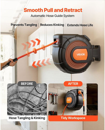 Retractable Air Hose Reel Vevor PVC Air Hose 30m x 9.5mm Maximum 300psi Closed Air Compressor Hose Reel Automatic Rewind 2m Inlet 180° Swivel Wall Mount Garage Workshops