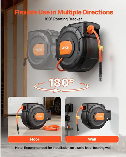 Retractable Air Hose Reel Vevor PVC Air Hose 30m x 9.5mm Maximum 300psi Closed Air Compressor Hose Reel Automatic Rewind 2m Inlet 180° Swivel Wall Mount Garage Workshops
