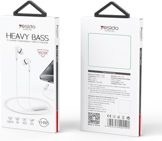 Yesido YH45 În ureche Handsfree cu două căști cu mufă USB-C Alb