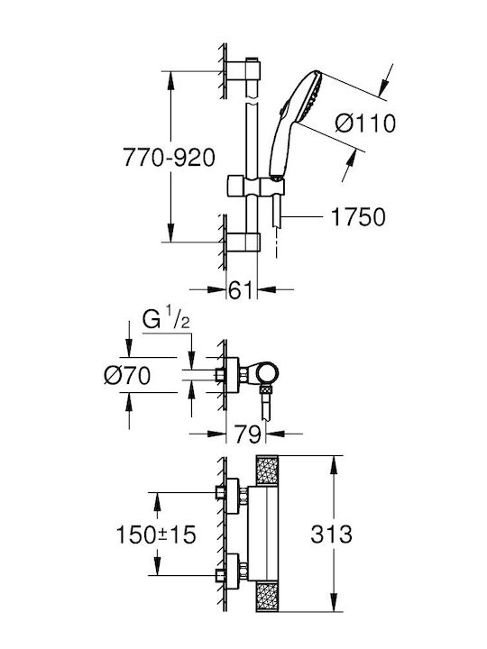 Grohe Grohtherm 1000 Performance Αναμεικτική Μπαταρία Ντουζιέρας Θερμοστατική Πλήρες Σετ Ασημί Grohe Grohtherm 1000 Performance Αναμεικτική Μπαταρία Ντουζιέρας Θερμοστατική Πλήρες Σετ Ασημί