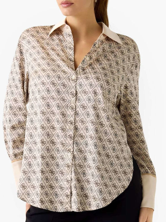 Langärmelig Damen Hemd Beige Blumen