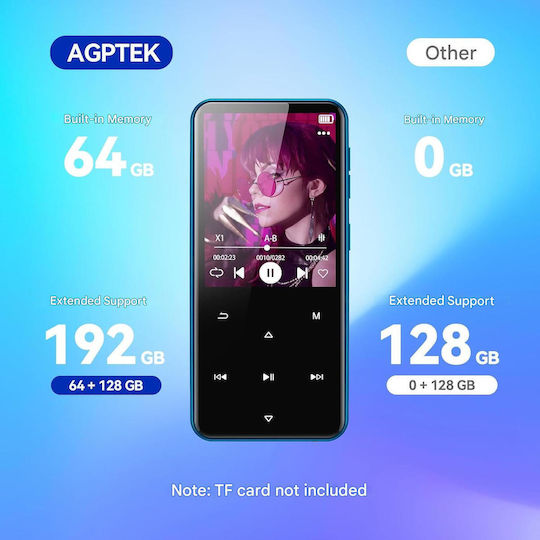 Agptek MP3 Player 64 GB Bluetooth 5.3 Ecran 2.4 Inch Set Căști Cablu USB Tip C Suportă Card Până la 128 GB Butoane Tactile Difuzor Radio FM E-book Alarmă Albastru
