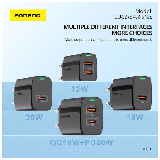Foneng Φορτιστής Χωρίς Καλώδιο με Θύρα USB-C 20W Power Delivery Λευκός (EU65)