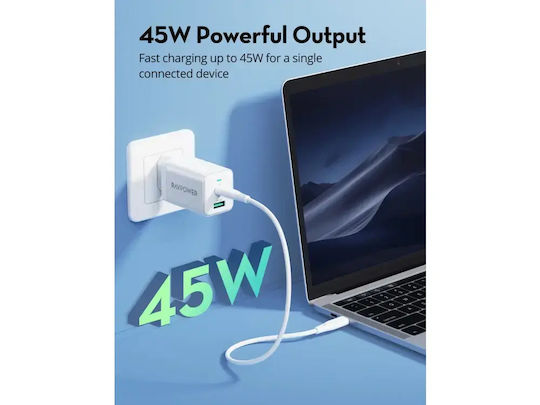 RAVPower Φορτιστής Χωρίς Καλώδιο GaN με Θύρα USB-A και Θύρα USB-C 45W Power Delivery Λευκός (RP-PC171)