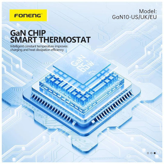 Foneng Charger GaN with USB-A Port and 2 USB-C Ports and Cable USB-C - USB-C 65W Power Delivery / Quick Charge 4.0 Blacks (GaN10-EU)