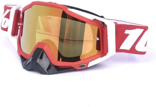 Ochelari De Motocross Pentru Enduro Atv Cu Lentilă Aurie Cadru Alb Roșu Fixato