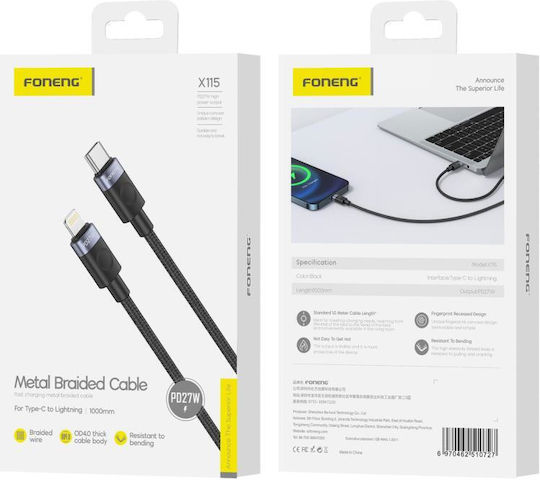 Foneng Braided USB-C to Lightning Cable 27W Μαύρο 1m