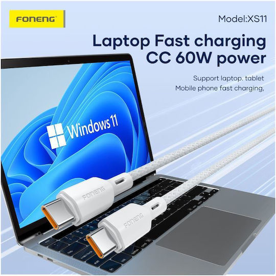 Foneng Braided USB 2.0 Cable USB-C male - USB-A 18W Λευκό 1m