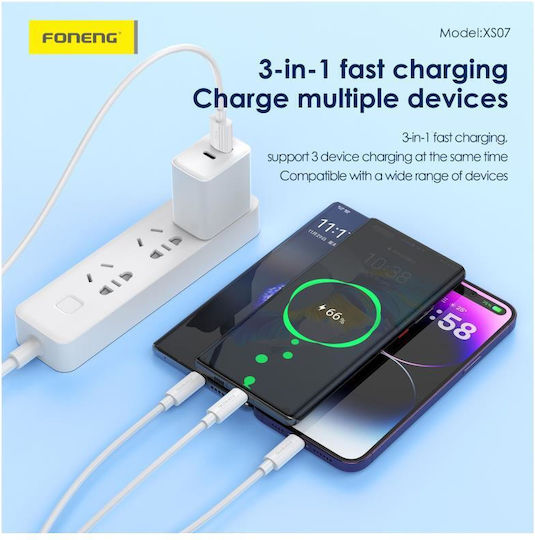 Foneng Редовна USB 2.0 Кабел USB-C мъжки - USB-C мъжки 60W Бял 1.2м