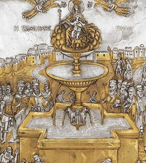 Lebensspendende Quelle Silberne Heiligenikone mit Goldüberzug 25x20cm