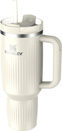 Stanley Quencher H2.0 Fluted Handled Tumbler Thermos Stainless Steel BPA Free 1.18lt Cream Gloss with Straw and Handle