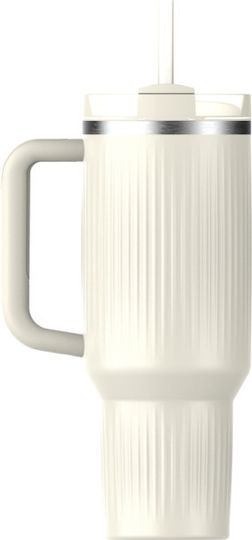 Stanley Quencher H2.0 Fluted Handled Tumbler Thermos Stainless Steel BPA Free 1.18lt Cream Gloss with Straw and Handle